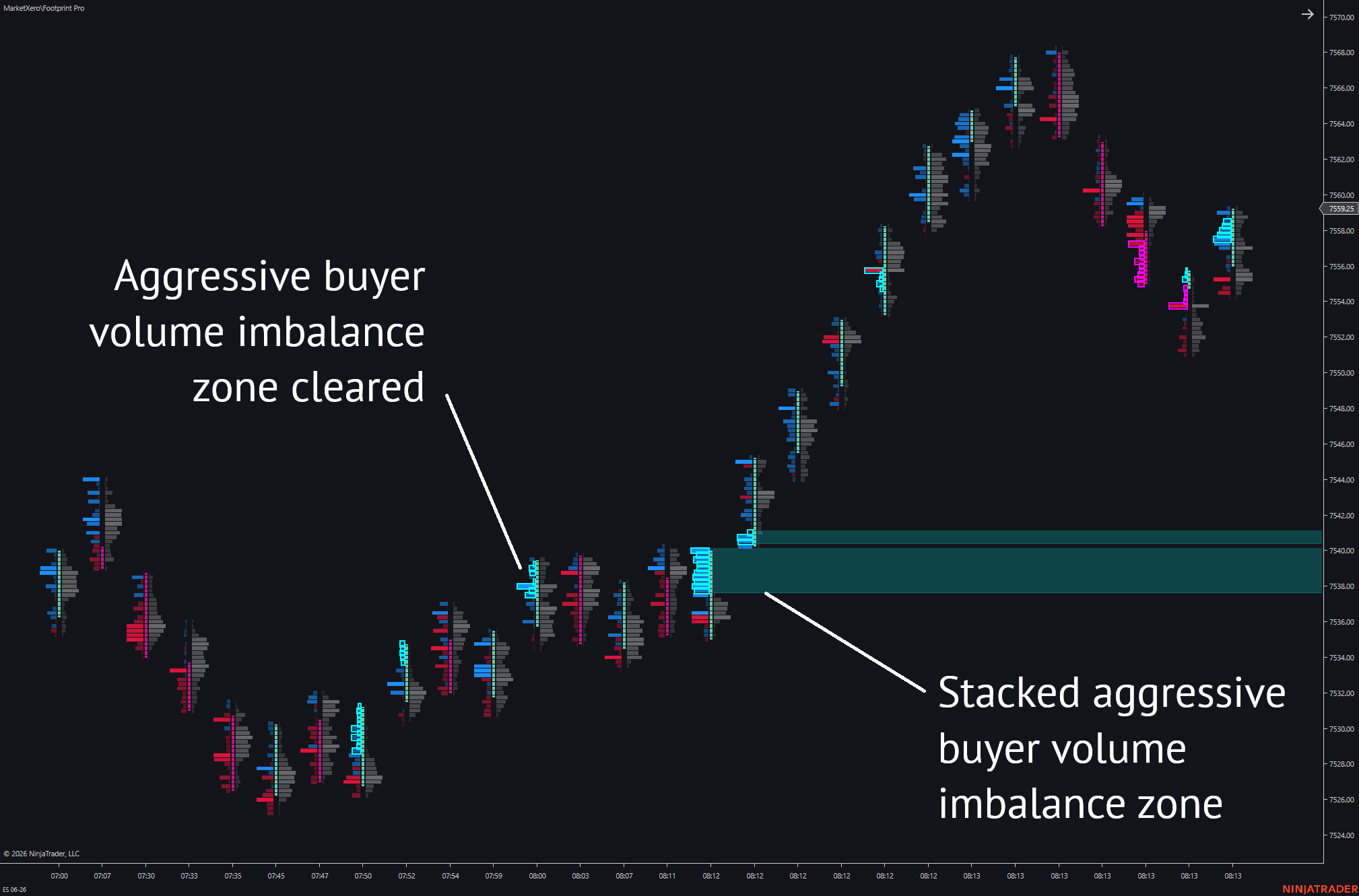 Annotated MarketXero Footprint volume imbalance example