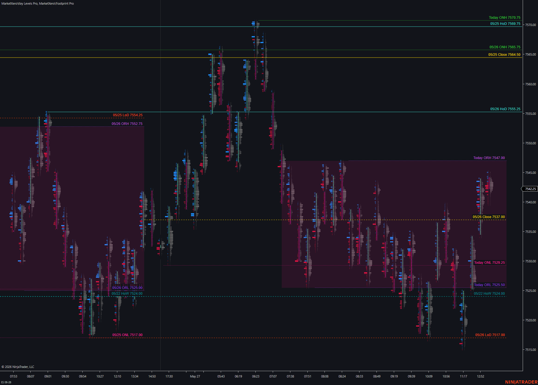 NinjaTrader 8 chart with Key Levels Pro showing prior day, overnight, weekly, opening range, and psychological levels on ES futures