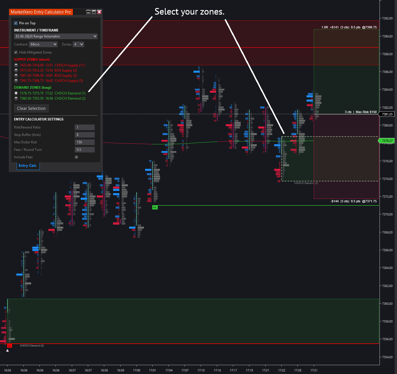MarketXero Entry Calculator Pro floating window with supply and demand zone lists linked to a selected CHOCH demand zone on the chart